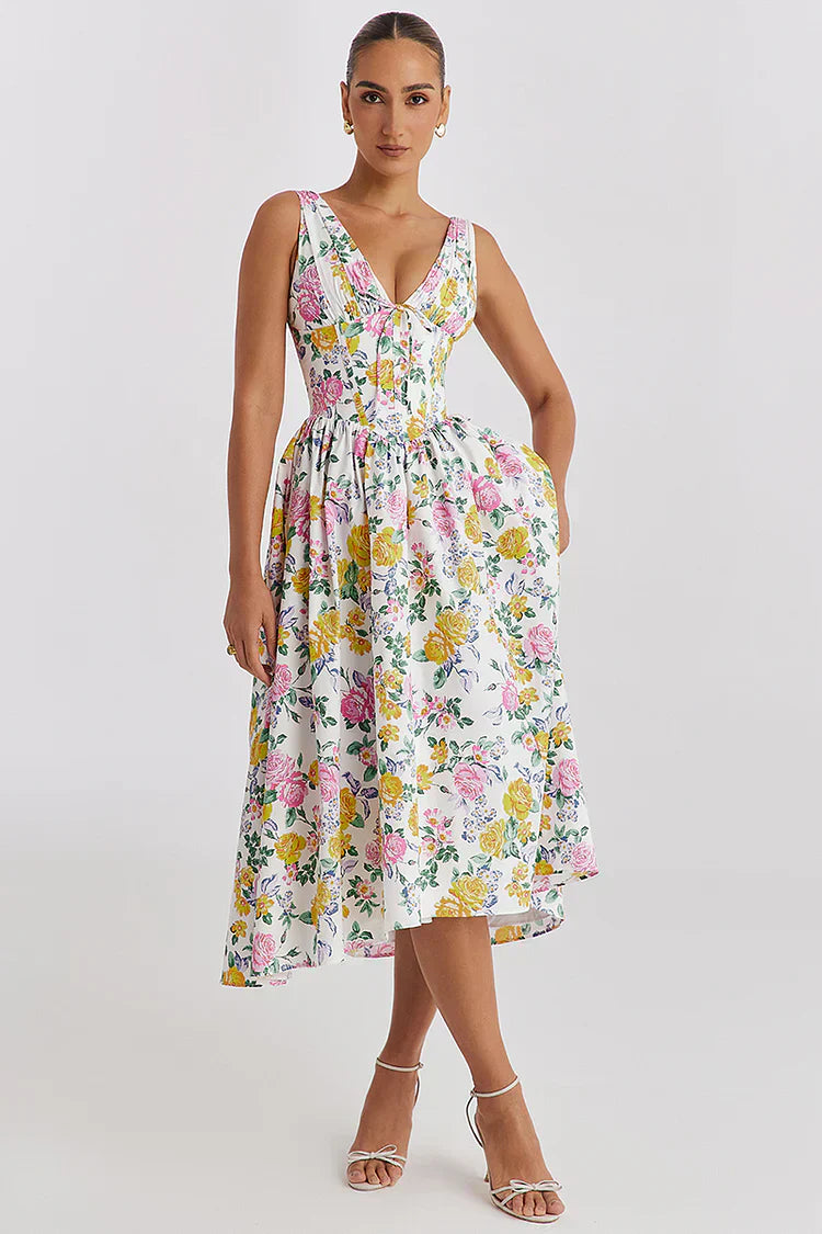 Robe Midi à Corset Fleurie | Élégance Structurée | Glamour Champêtre