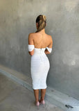 Robe Midi Épaules Dénudées | Blanche | Élégance et Silhouette Sublimée