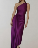 Robe Midi Plissée à Une Épaule | Coupe Asymétrique | Élégance Audacieuse et Fluide