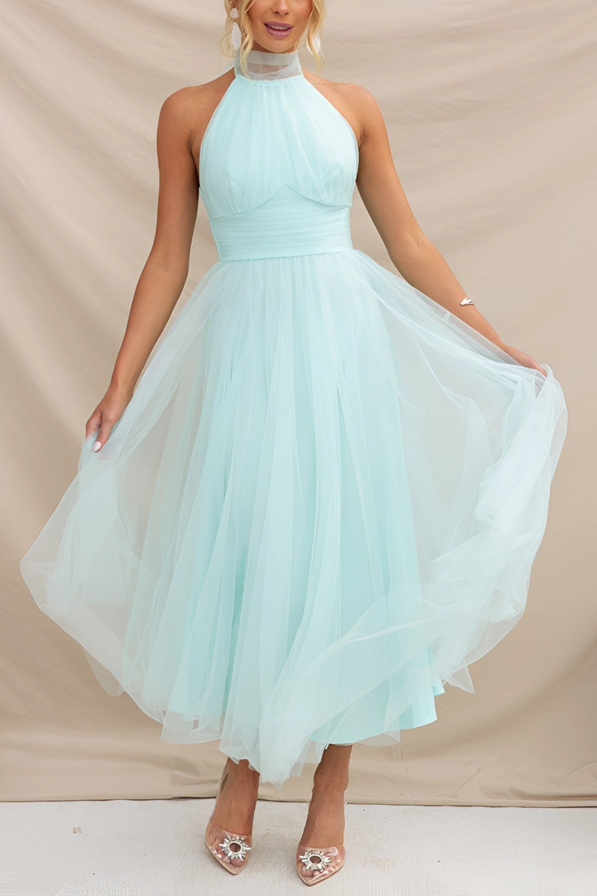 Robe Midi à Col Haut en Tulle | Rêveuse & Volumineuse | Idéale pour les Grandes Occasions