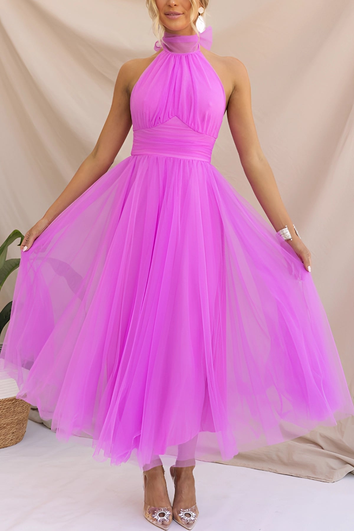 Robe Midi à Col Haut en Tulle | Rêveuse & Volumineuse | Idéale pour les Grandes Occasions