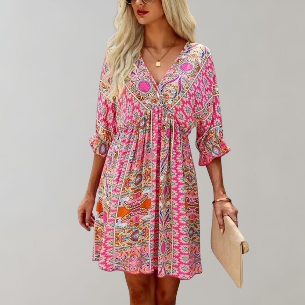 Robe Mini Bohème | Imprimé Rose | Légèreté Estivale