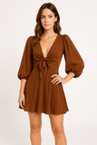 Robe Courte à Manches Bouffantes et Nœud | Marron | Élégante, Légère et Féminine
