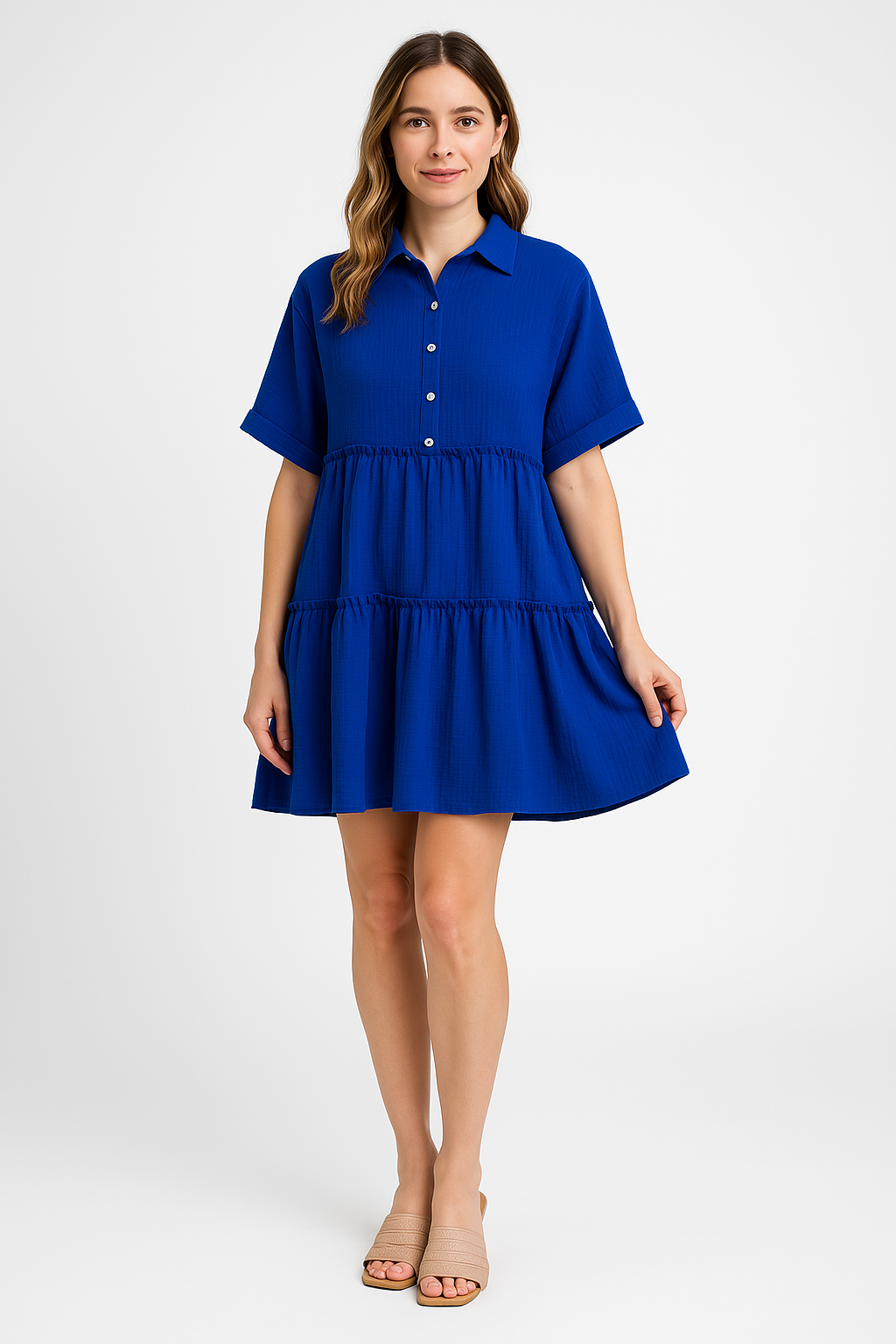 Robe Chemise à Volants en Coton | Bleue | Fraîche, Décontractée et Élégante