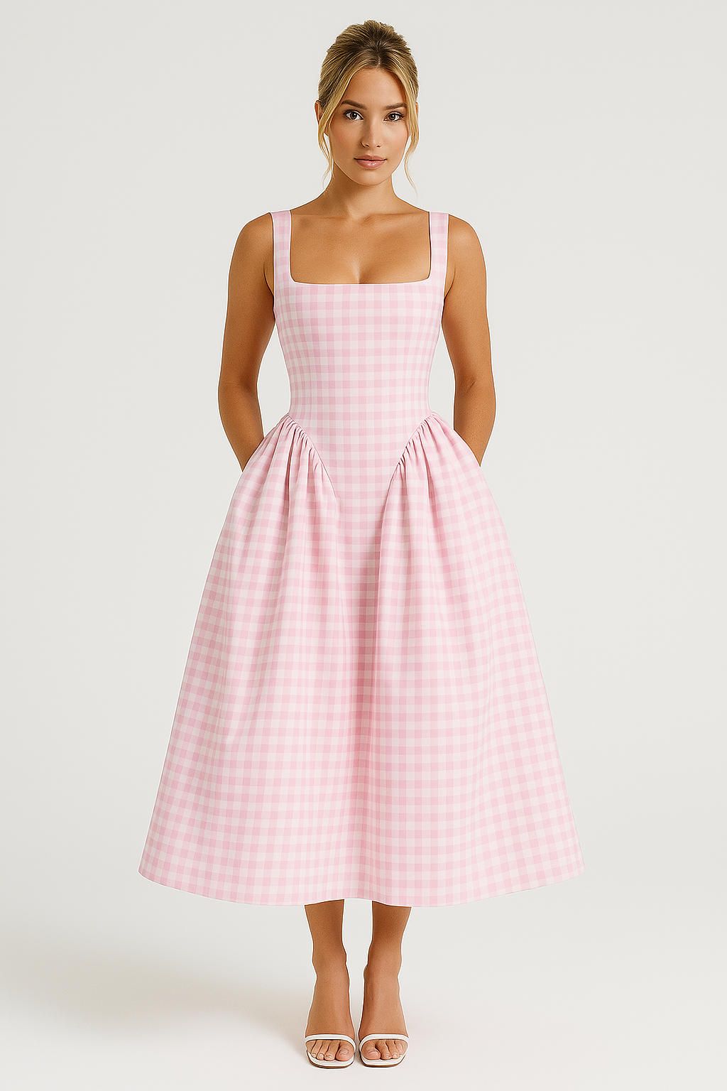 Robe Midi à Carreaux Col Carré | Enjouée | Charme Sans Effort