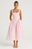 Robe Midi à Carreaux Col Carré | Enjouée | Charme Sans Effort