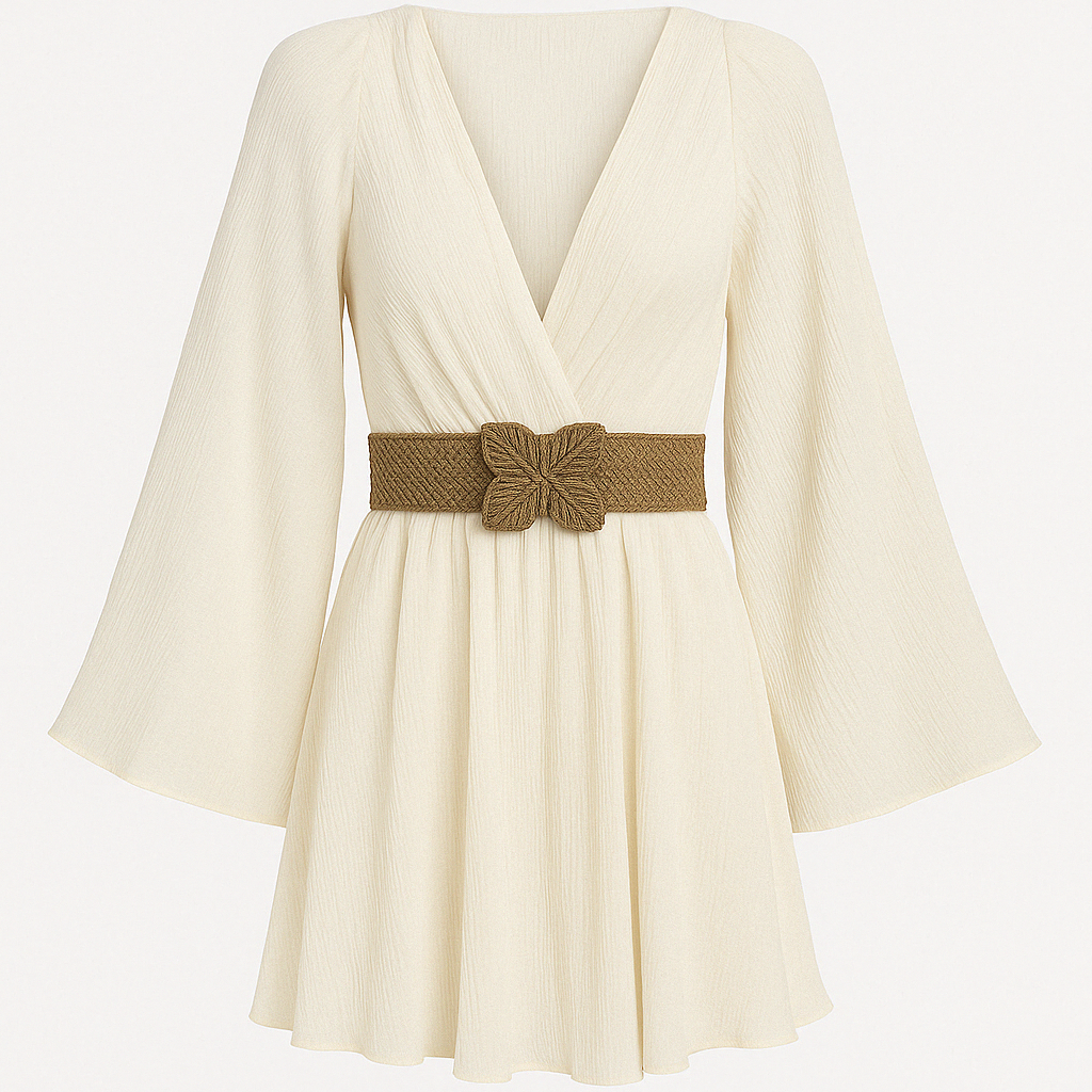 Robe Courte à Manches Fluides | Élégance Bohème | Décolleté Plongeant