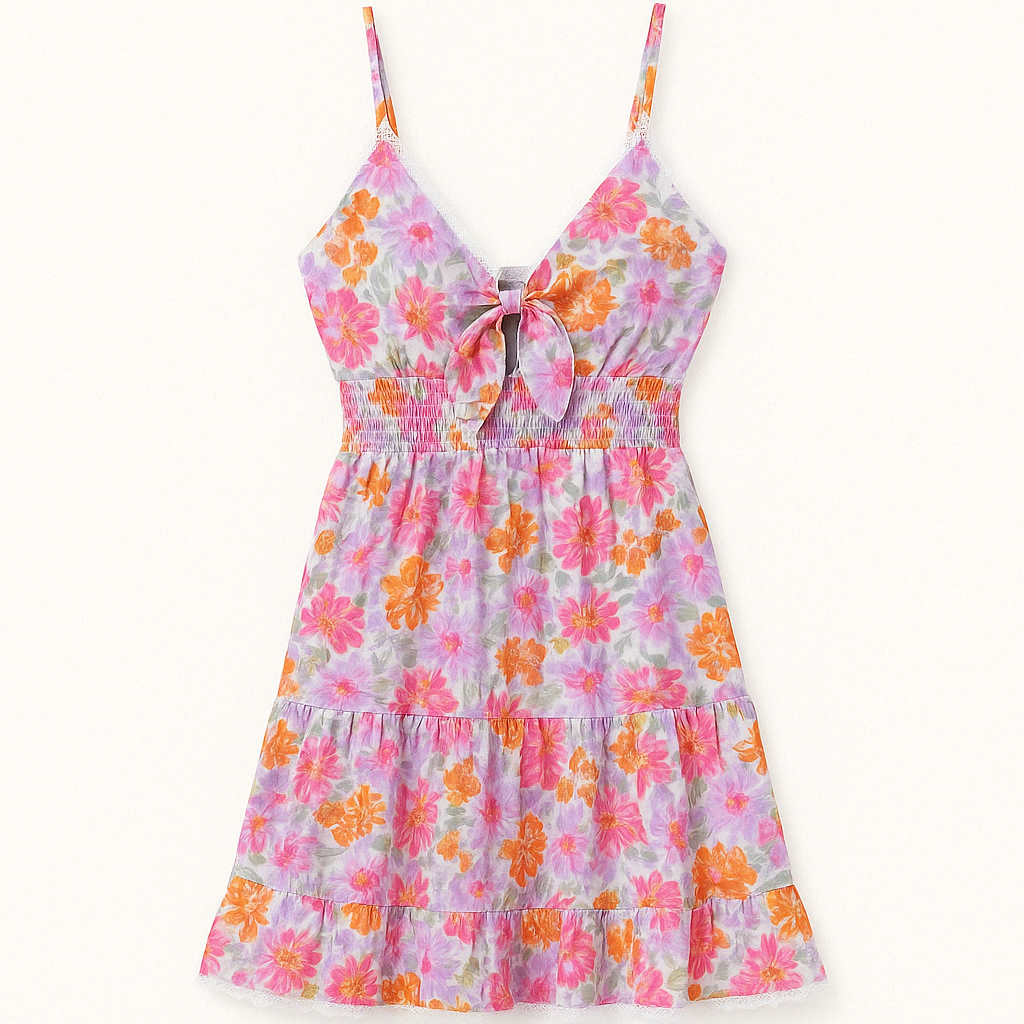 Robe Courte à Fleurs et Nœud | Bordure Dentelle | Éclat Romantique Estival