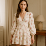 Robe Courte Fleurie à Manches Bouffantes | Rose | Romantique, Champêtre et Élégante