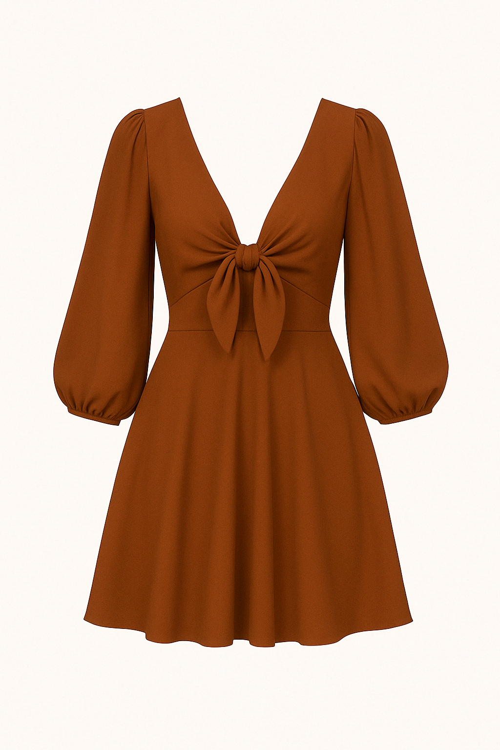 Robe Courte à Manches Bouffantes et Nœud | Marron | Élégante, Légère et Féminine