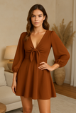 Robe Courte à Manches Bouffantes et Nœud | Marron | Élégante, Légère et Féminine
