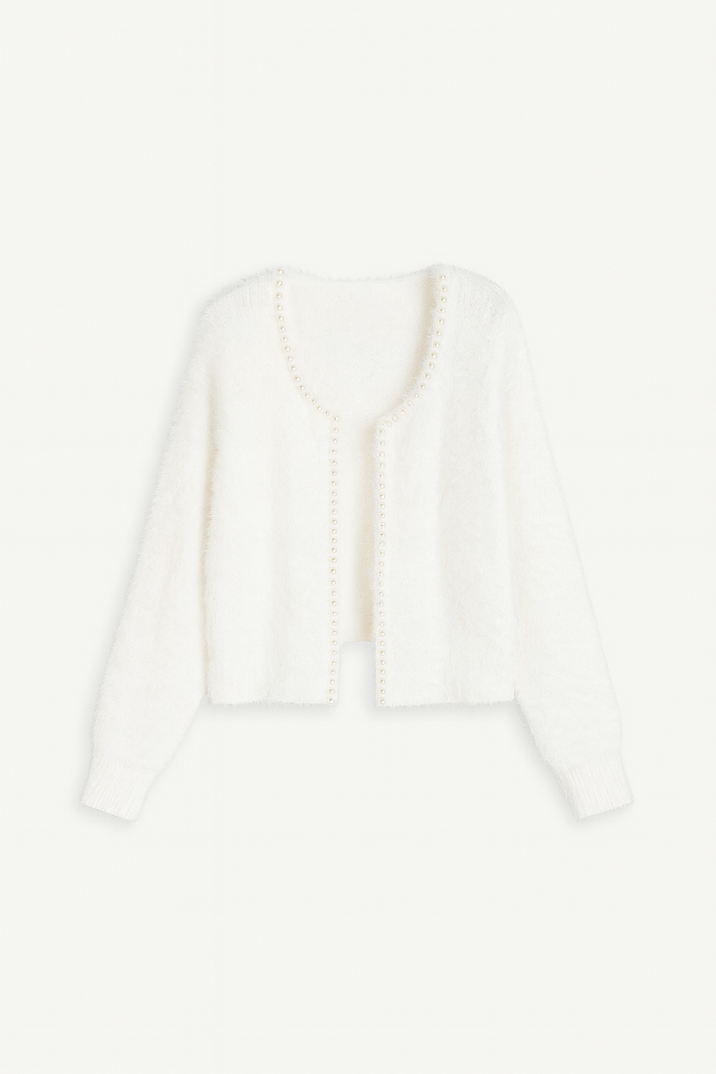 Cardigan en maille duveteuse | Coupe droite | Bordures perlées | Élégance douce
