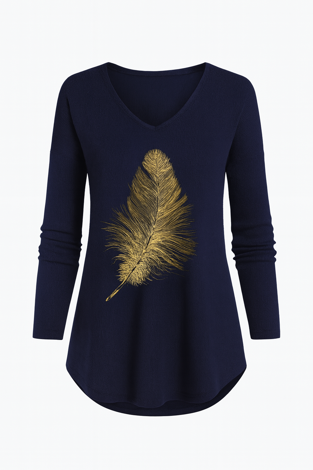 Pull col V long | Maille douce | Motif plume dorée | Coupe décontractée