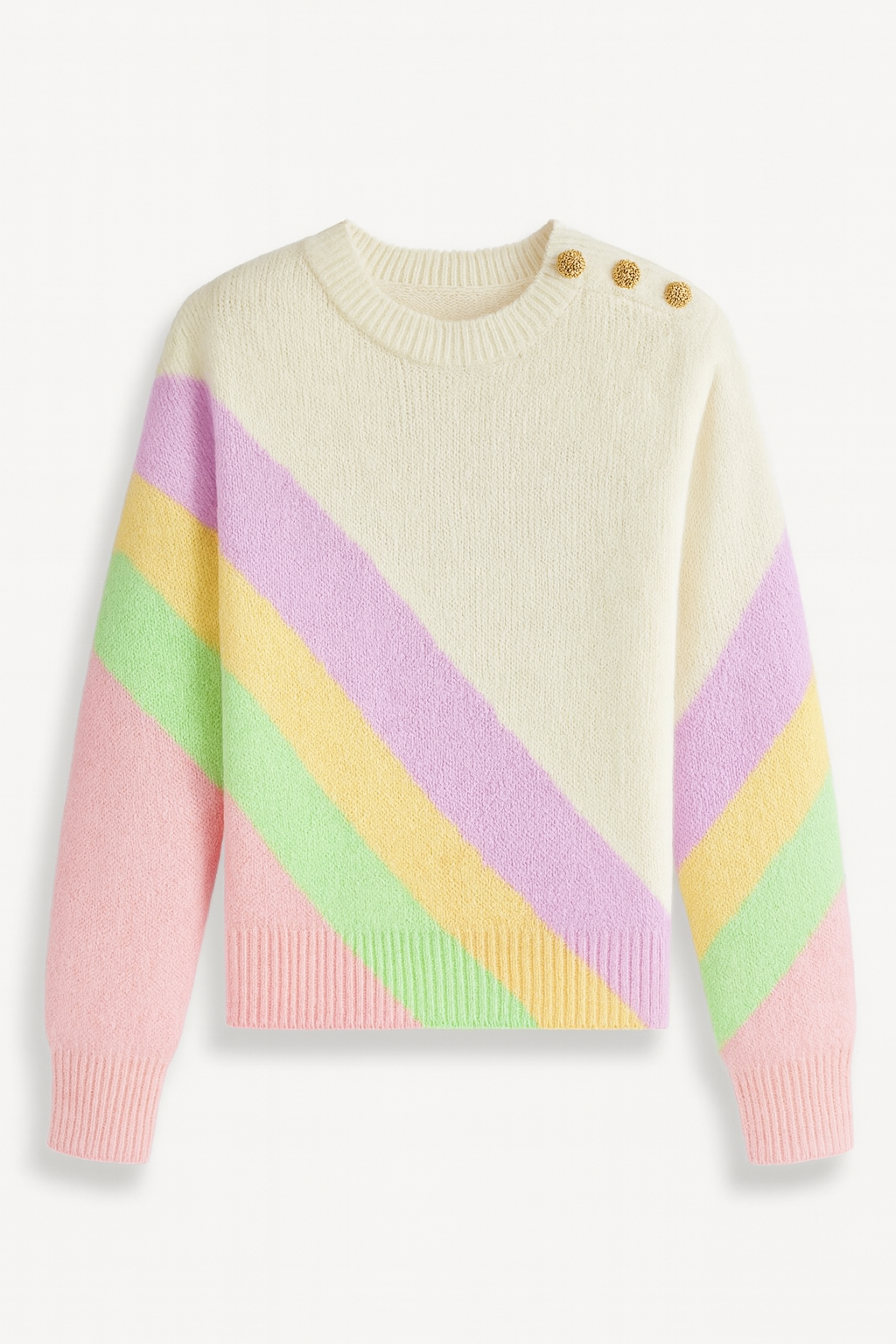 Pull doux rayé épaule boutonnée | Maille moelleuse | Coupe droite | Détails dorés