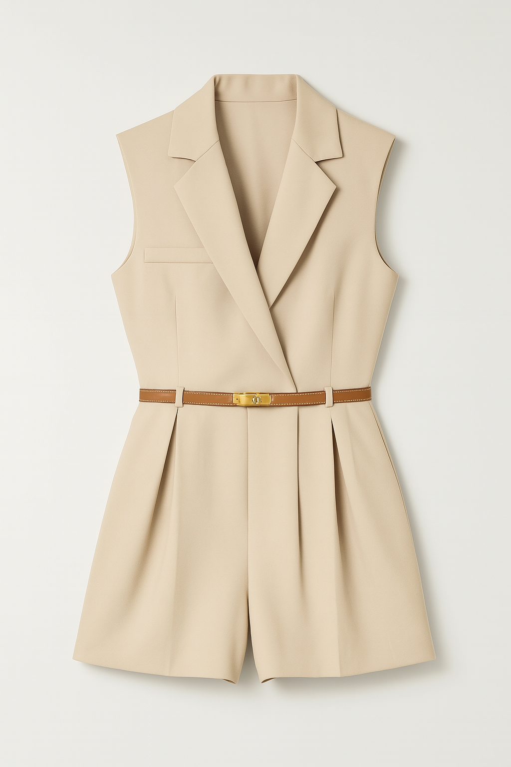Combinaison Tailleur Sans Manches | Taille Cintrée | Col Revers Croisé | Silhouette Structurée
