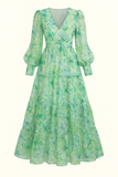 Robe Longue en Mousseline Fleurie | Manches Longues | Élégance Légère et Aérienne