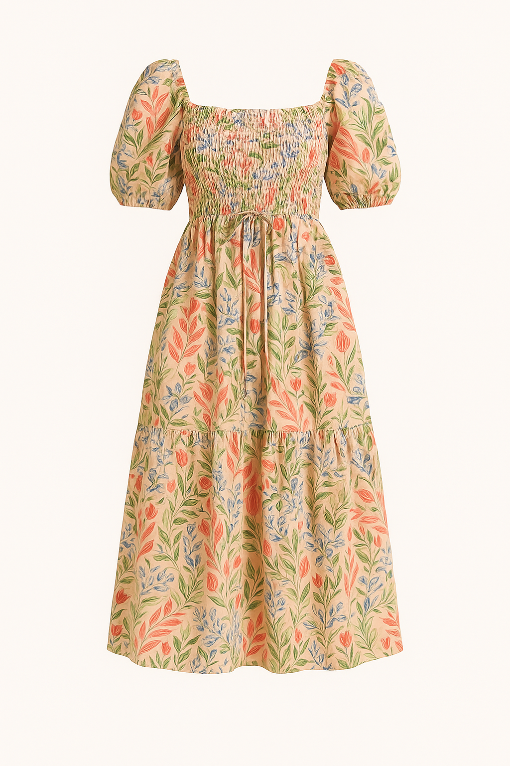 Robe Midi Fleurie Smockée | Rose Abricot | Romantique & Féminine