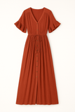 Robe Longue Bohème Boutonnée | Rouge Terre | Fluide & Élégante