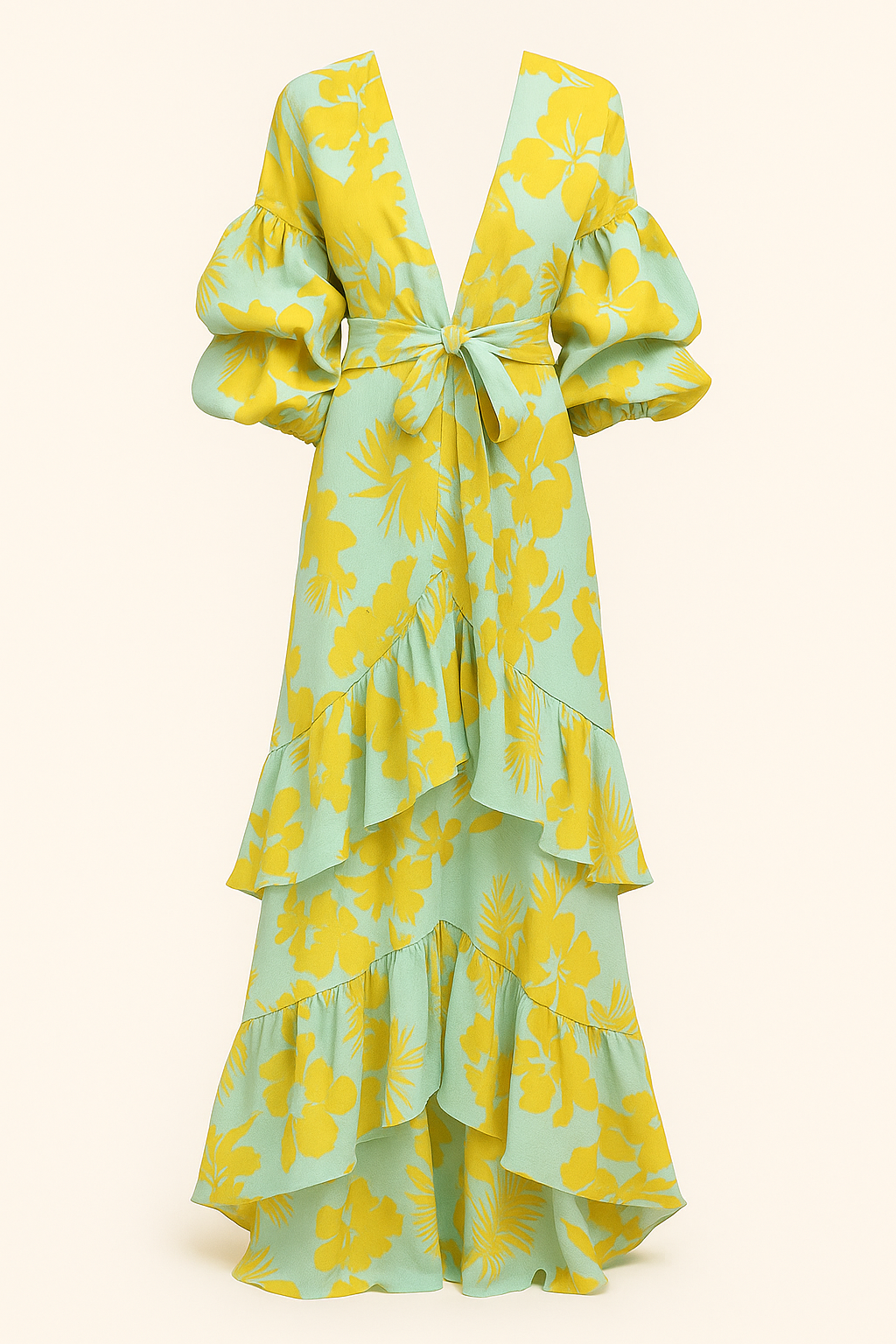 Robe Portefeuille à Volants | Manches Bouffantes | Élégance Florale Audacieuse