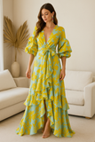 Robe Portefeuille à Volants | Manches Bouffantes | Élégance Florale Audacieuse