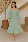 Robe Midi à Encolure Carrée Smockée | Coupe Fluide | Manches Bouffantes Romantiques