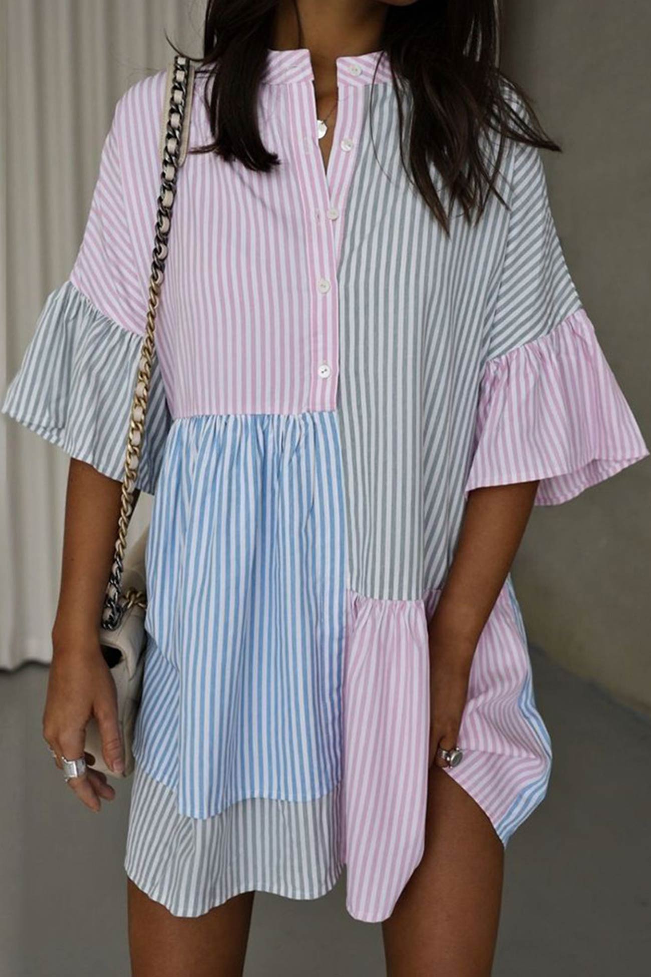 Robe Chemise Patchwork Rayée | Fluide & Ludique | Élégance Décontractée