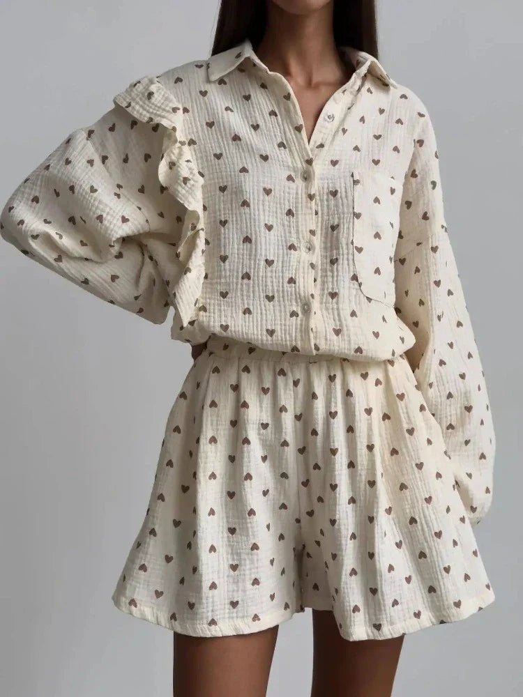Ensemble à Volants Imprimé Cœur | Chic & Tendance | Léger & Stylé
