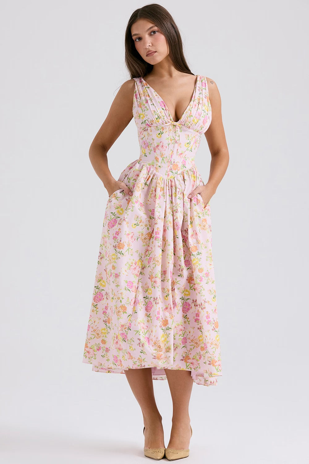 Robe Midi Fleurie | Corsage Structuré & Jupe Évasée | Élégance Fraîche