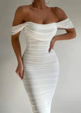 Robe Midi Épaules Dénudées | Blanche | Élégance et Silhouette Sublimée