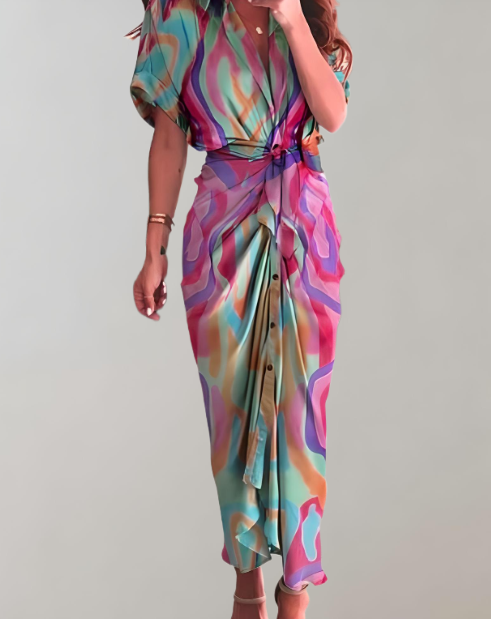 Robe Midi Satinée à Nœud Frontal | Imprimé Abstrait | Fluide et Audacieuse