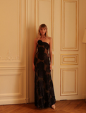 Robe de Soirée Longue Asymétrique | Transparence Florale | Élégance Sculptée