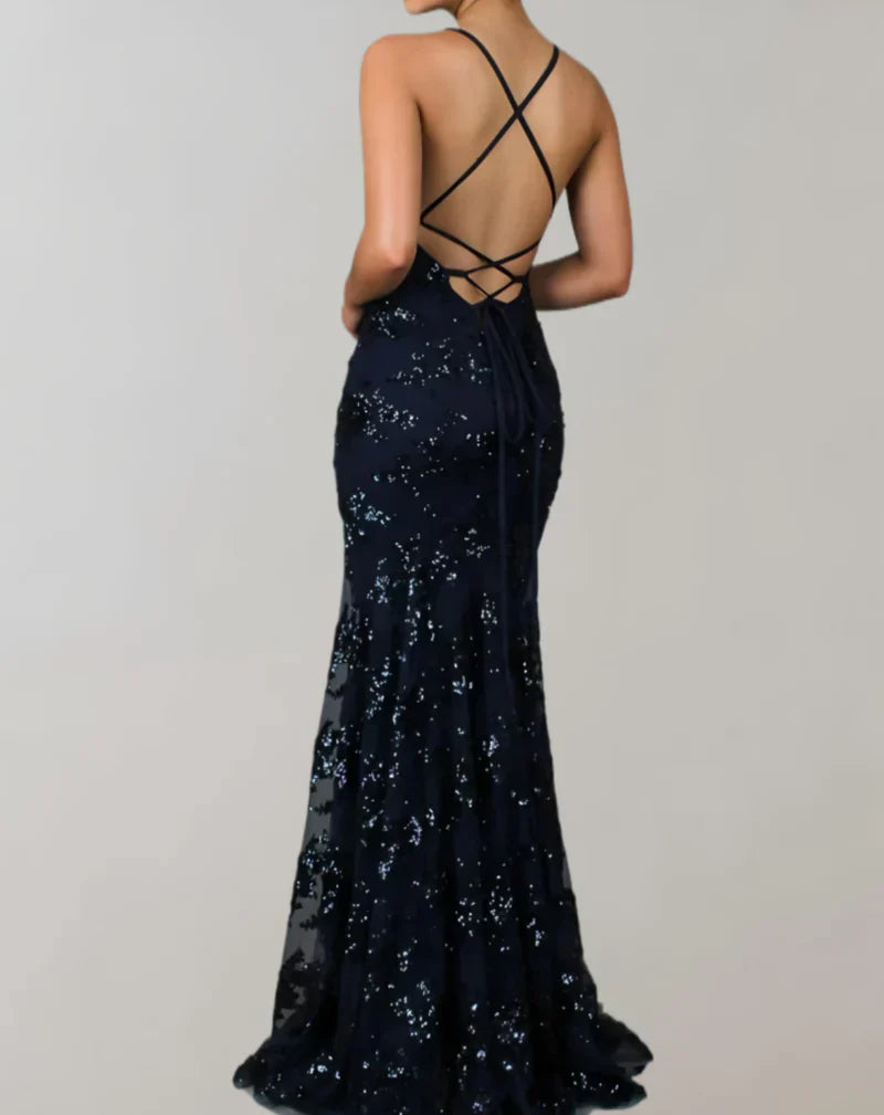 Robe de Soirée à Sequins | Bleu Marine | Élégante & Brillante