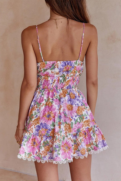 Robe Courte à Fleurs et Nœud | Bordure Dentelle | Éclat Romantique Estival