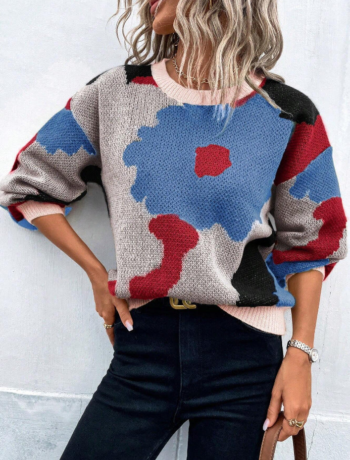 Pull graphique en maille texturée | Motif abstrait | Coupe droite | Style artistique