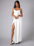 Robe de Soirée en Satin | Décolleté Drapé | Élégance avec Fente Haute