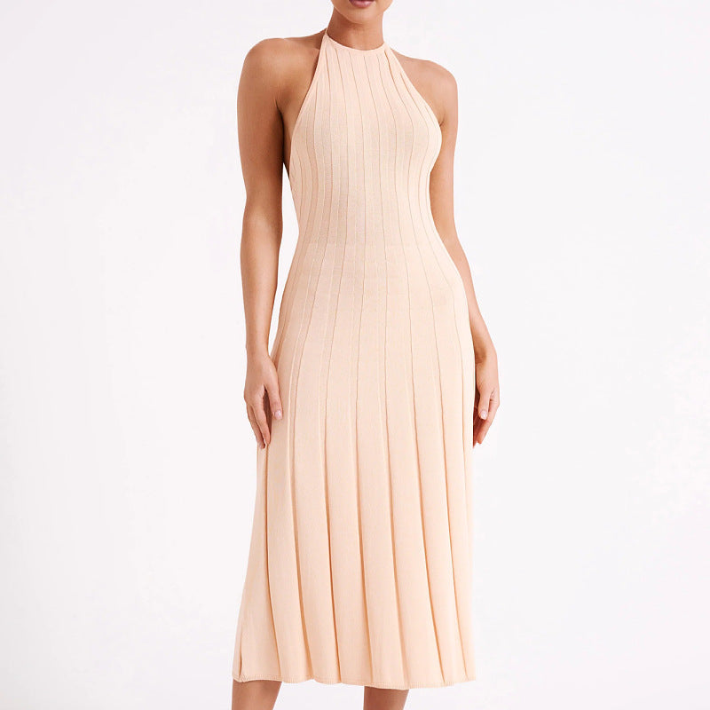 Robe Midi en Maille à Col Halter | Mélange de Coton Côtelé | Moderne et Sophistiquée