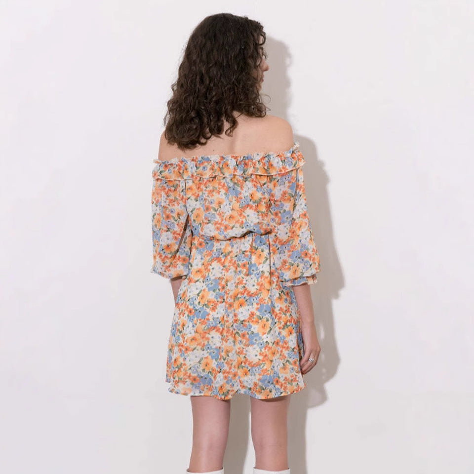 Robe Fleurie Épaules Dénudées | Abricot | Féminine, Décontractée et Rayonnante