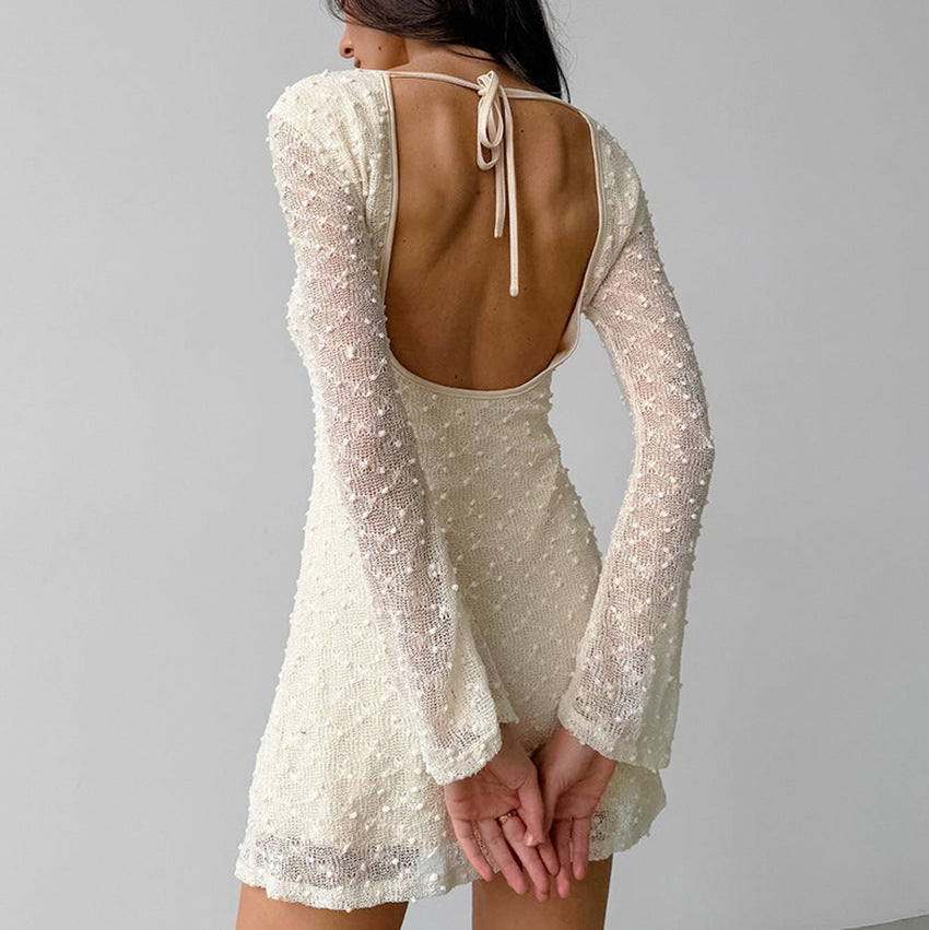 Robe Courte Texturée | Manches Longues Transparentes | Élégance Abricot Doux