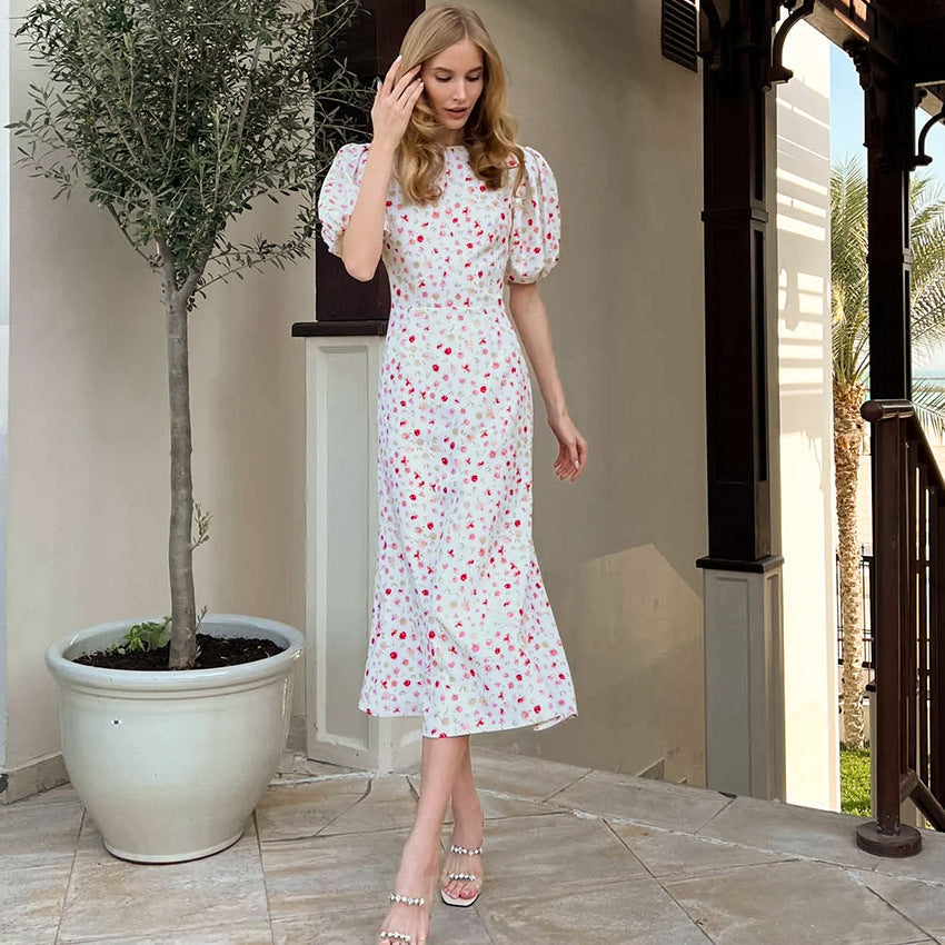 Robe Midi Élégante à Manches Bouffantes Fleurie | Féminine | Grâce Légère
