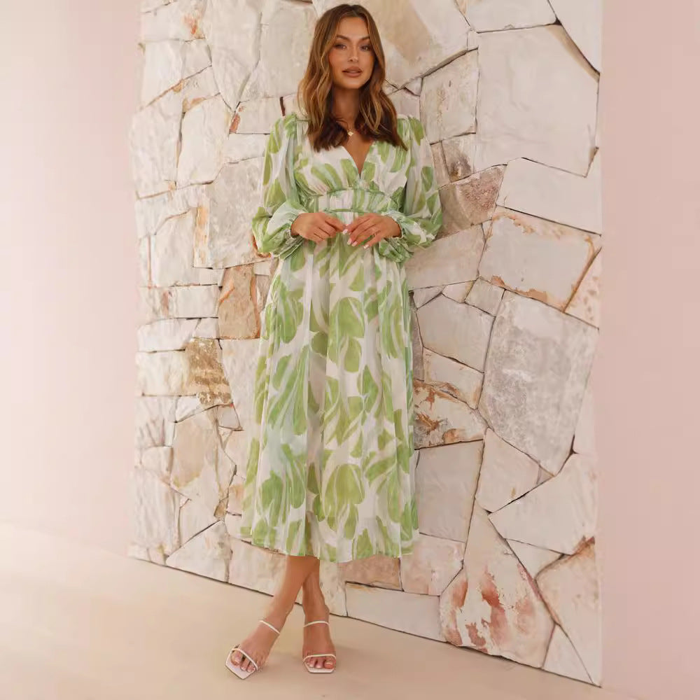 Robe Midi à Imprimé Feuilles | Tissu Léger | Fraîche et Élégante