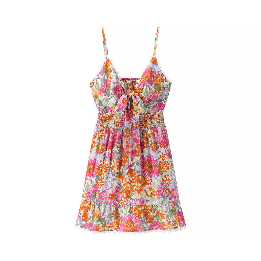 Robe Courte à Fleurs et Nœud | Bordure Dentelle | Éclat Romantique Estival