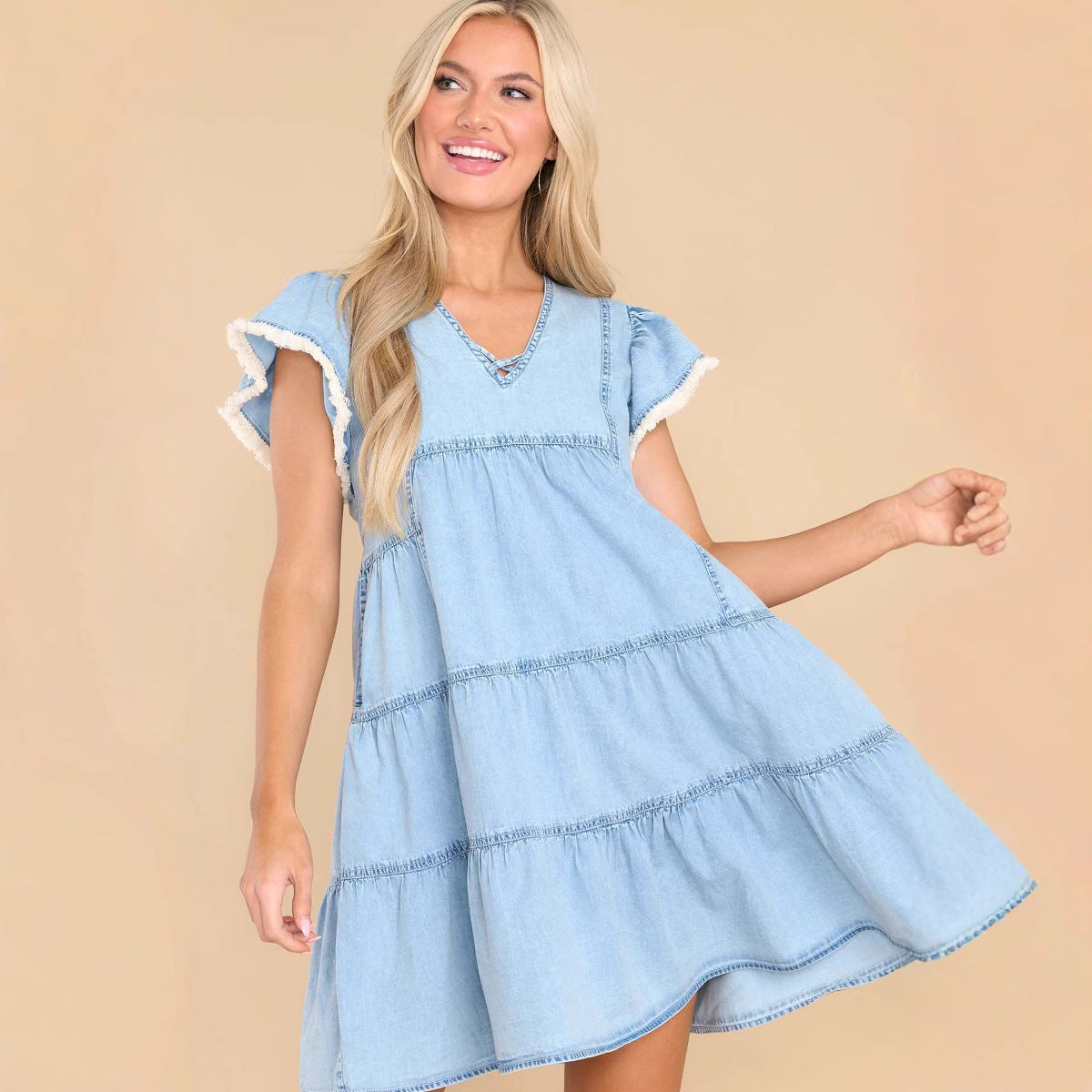 Robe Courte en Jean Volantée | Manches à Volants | Silhouette Légère et Décontractée