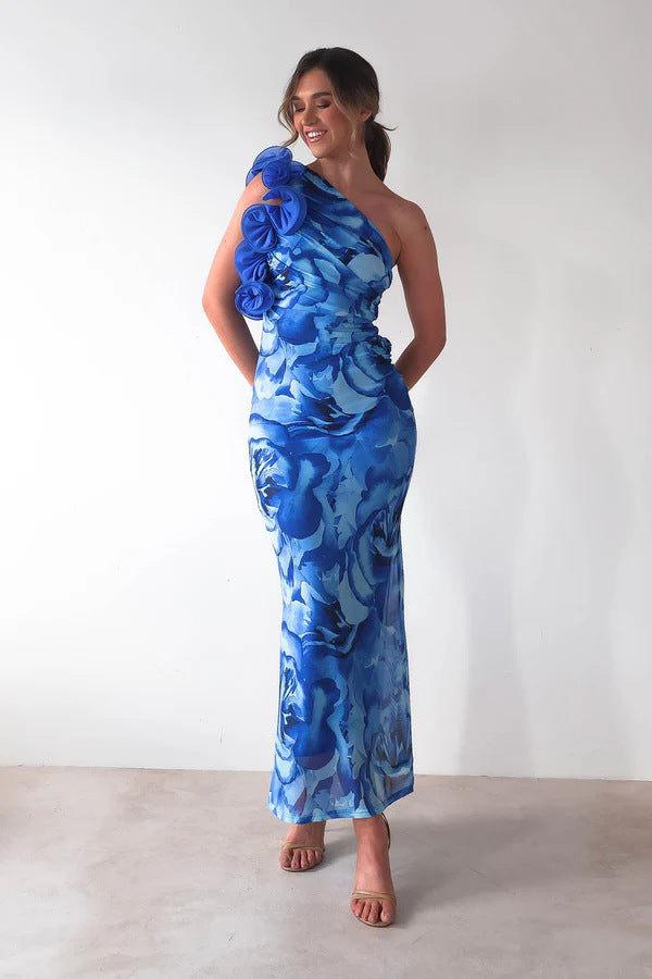 Robe Longue Asymétrique Fleurie à Volant | Vibrante | Élégance Inoubliable