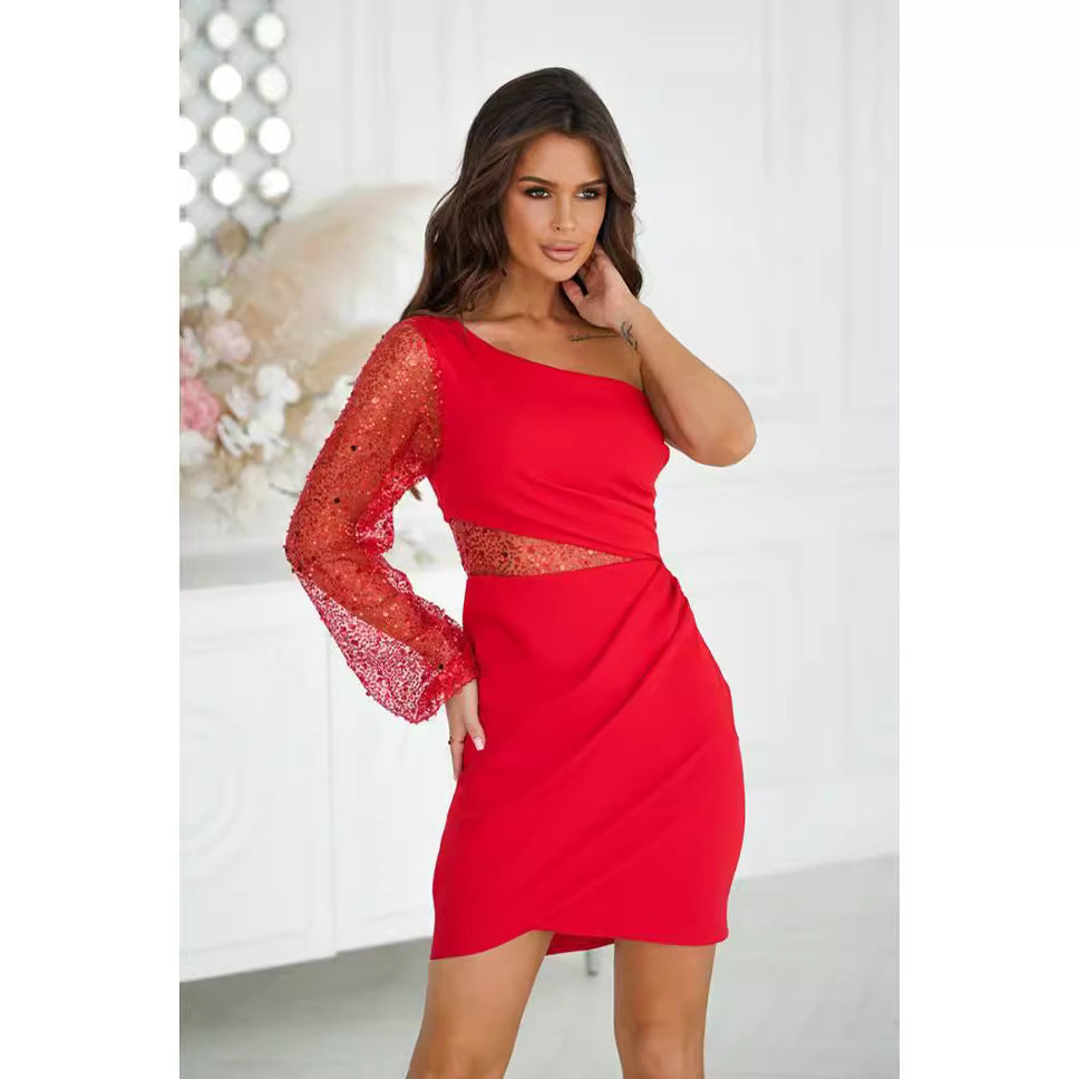 Robe Asymétrique à Une Manche | Manche Pailletée | Élégance de Soirée