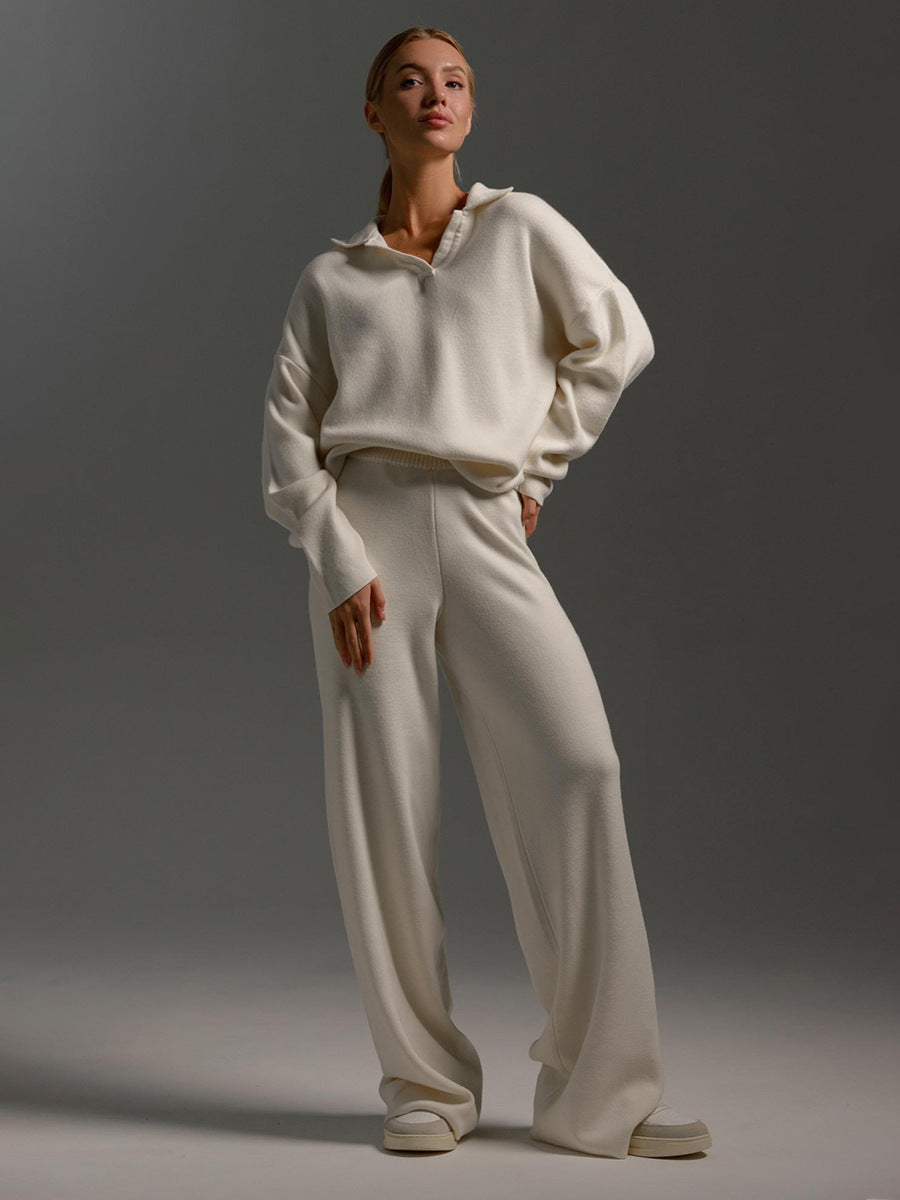 Ensemble Tricoté Lounge | Détente Élégante | Haut Col Polo & Pantalon Ample
