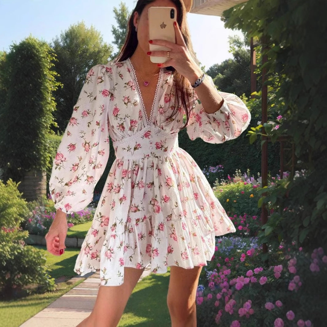 Robe Courte Fleurie à Manches Bouffantes | Rose | Romantique, Champêtre et Élégante