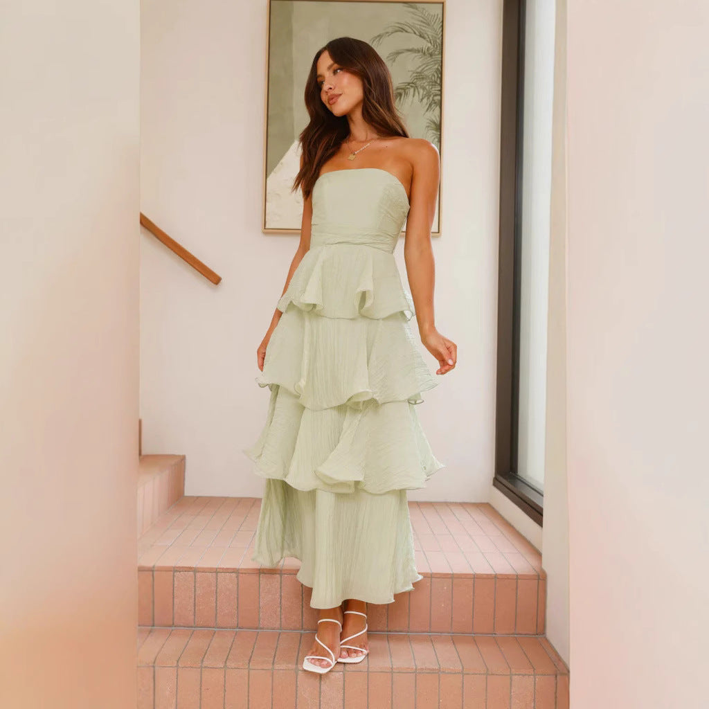 Robe Midi à Volants Sans Bretelles | Mélange de Coton | Légère et Enjouée