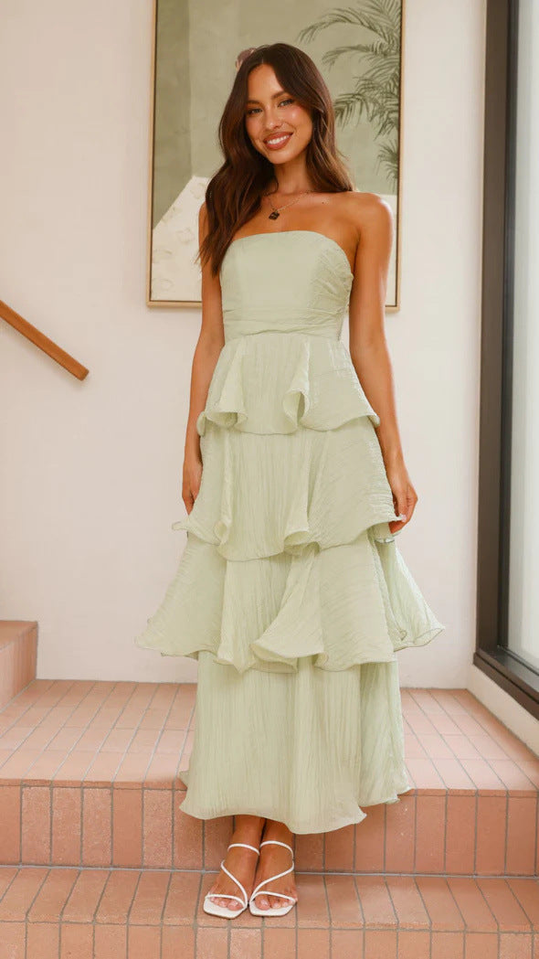 Robe Midi à Volants Sans Bretelles | Mélange de Coton | Légère et Enjouée