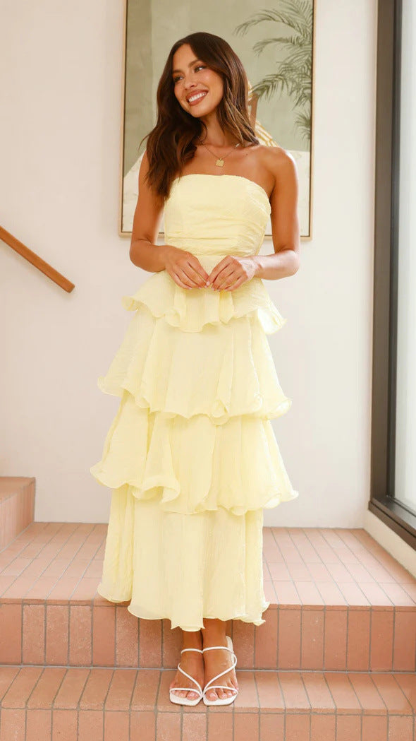 Robe Midi à Volants Sans Bretelles | Mélange de Coton | Légère et Enjouée