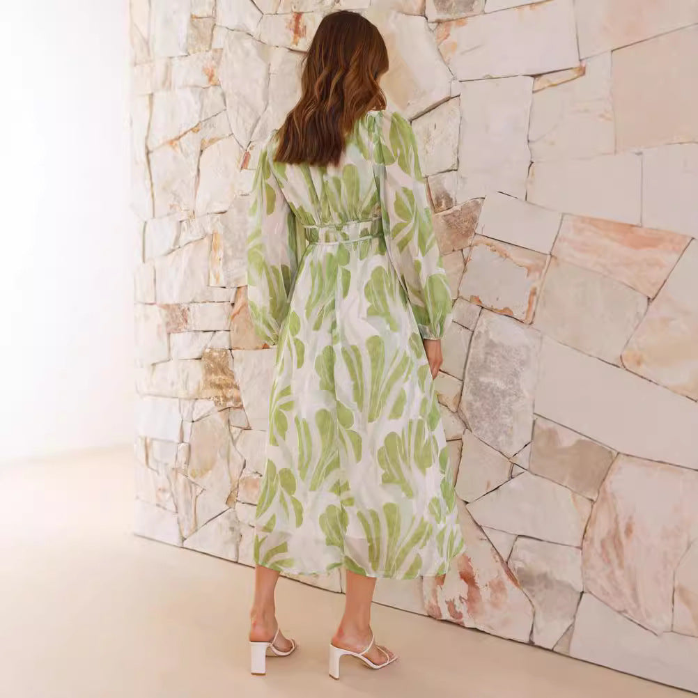 Robe Midi à Imprimé Feuilles | Tissu Léger | Fraîche et Élégante